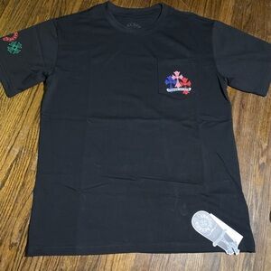 Chrome Hearts Black Short-Sleeve Pocket Tee with Red & Blue Floral Cross